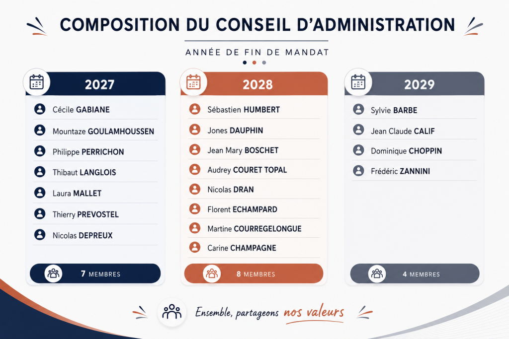 Visuel présentant la composition du conseil d’administration de l'association, classée par année de fin de mandat. Mandat se terminant en 2027 : Cécile GABIANE, Mountaze GOULAMHOUSSEN, Philippe PERRICHON, Thibaut LANGLOIS, Laura MALLET, Thierry PREVOSTEL et Nicolas DEPREUX. Mandat se terminant en 2028 : Sébastien HUMBERT, Jones DAUPHIN, Jean Mary BOSCHET, Audrey COURET TOPAL, Nicolas DRAN, Florent ECHAMPARD, Martine COURREGELONGUE et Carine CHAMPAGNE. Mandat se terminant en 2029 : Sylvie BARBE, Jean Claude CALIF, Dominique CHOPPIN et Frédéric ZANNINI. Le conseil d’administration comprend donc 19 membres au total, répartis en 7 membres dont le mandat se termine en 2027, 8 membres en 2028 et 4 membres en 2029.