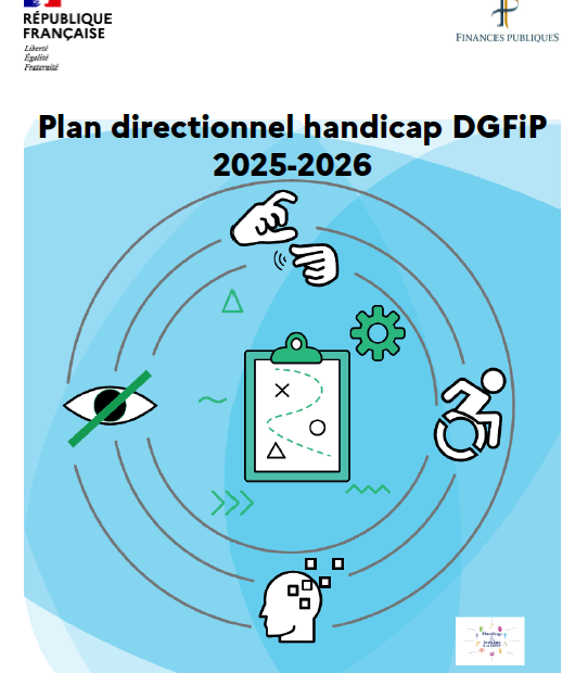 Couverture du Plan directionnel handicap DGFiP 2025-2026, illustrée par des pictogrammes représentant différents types de handicap et un document central.