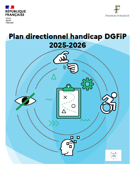 Couverture du Plan directionnel handicap DGFiP 2025-2026, illustrée par des pictogrammes représentant différents types de handicap et un document central.